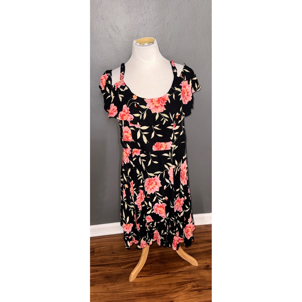 Torrid Floral Cold Shoulder Mini Dress Black Pink Orange Ruffle Plus Size 2